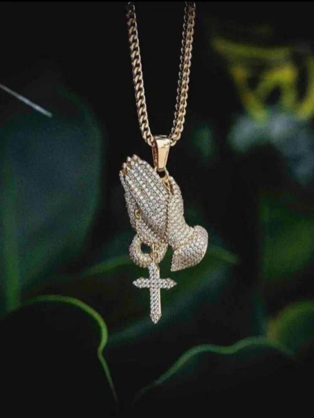 GLD Iced Praying Hands with Cross Pendant in Yellow Gold 18k Gold Plated CZ